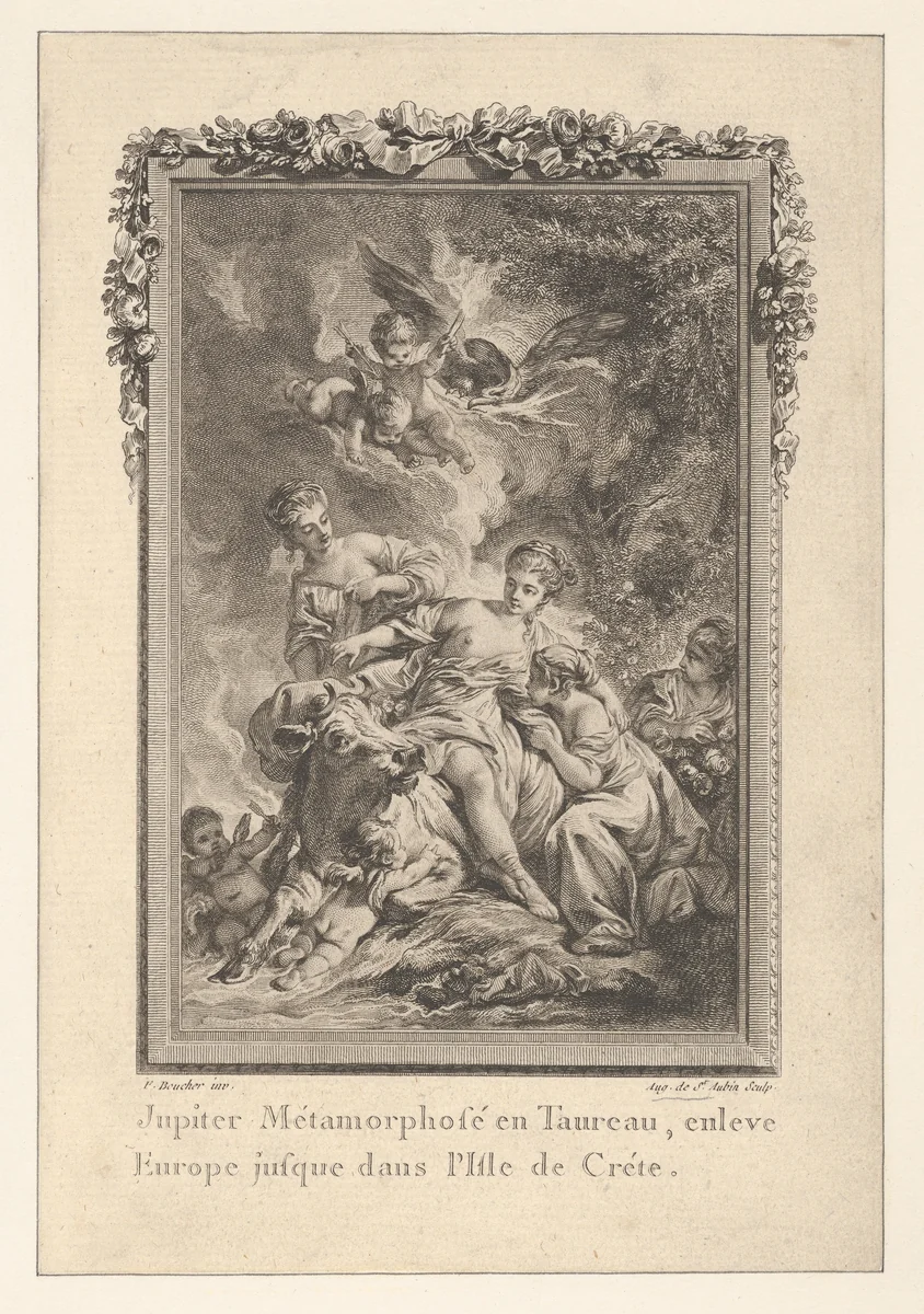 Vignette (Tome 1.er, page 164, lib. II, fab. 15), Jupiter Carries Europa Away, from Les Métamorphoses d'Ovide en Latin et en François de la traduction de M. l'Abbé Banier de l'Académie Royale des Inscriptions et Belles-Lettres. Avec des explications historiques. A Paris Chez Despilly rue saint Jacques à la croix d'or. MDCCLXVII. Avec Approbation et Privilège du Roi by Augustin de Saint-Aubin, print, 1760-1770