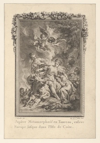 Vignette (Tome 1.er, page 164, lib. II, fab. 15), Jupiter Carries Europa Away, from Les Métamorphoses d'Ovide en Latin et en François de la traduction de M. l'Abbé Banier de l'Académie Royale des Inscriptions et Belles-Lettres. Avec des explications historiques. A Paris Chez Despilly rue saint Jacques à la croix d'or. MDCCLXVII. Avec Approbation et Privilège du Roi by Augustin de Saint-Aubin, print, 1760-1770