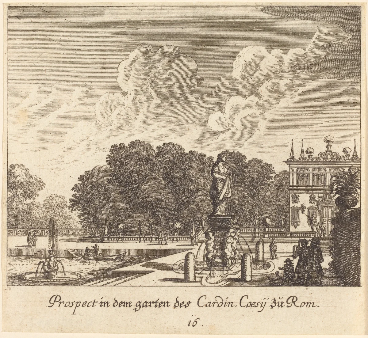Gardens of Cardinal Coessi, Rome by Melchior Küsel; Johann Wilhelm Baur, print, 1681