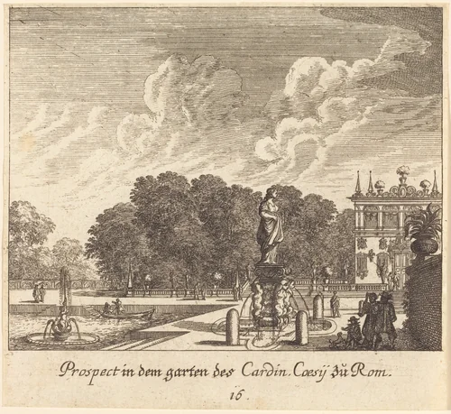 Gardens of Cardinal Coessi, Rome by Melchior Küsel; Johann Wilhelm Baur, print, 1681