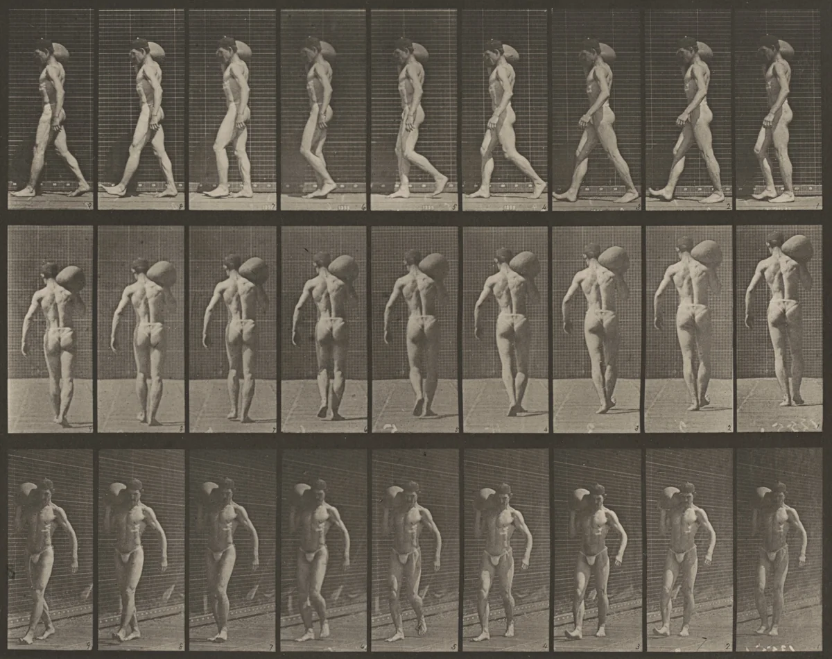 Plate Number 31. Walking, carrying a 75-lb. stone on right shoulder by Eadweard Muybridge, photograph, 1887