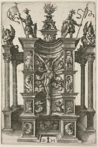 The Crucified Christ in a Decorated Niche by Daniel Hopfer, print, 1520-1529