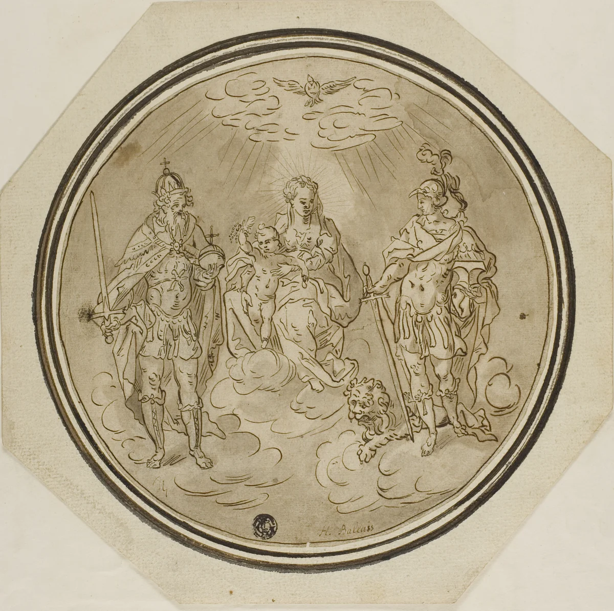 Madonna and Child with Holy Roman Emperor and Saint Adrian by H. Ballais, drawing, 1700-1799