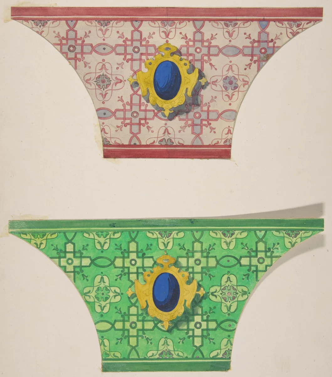 Two designs for the painted decoration of ceiling coves with cartouches by Jules-Edmond-Charles Lachaise, drawing, 1830-1897
