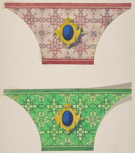 Two designs for the painted decoration of ceiling coves with cartouches by Jules-Edmond-Charles Lachaise, drawing, 1830-1897