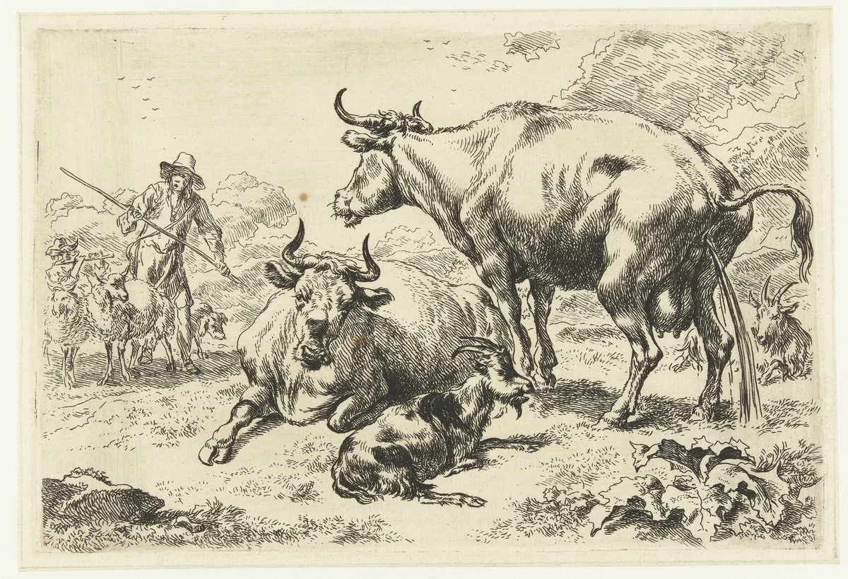 Liggende en een pissende koe by Nicolaes Pietersz Berchem, print, 1630-1683