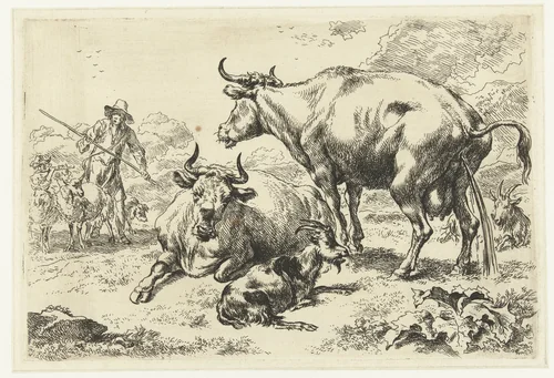 Liggende en een pissende koe by Nicolaes Pietersz Berchem, print, 1630-1683