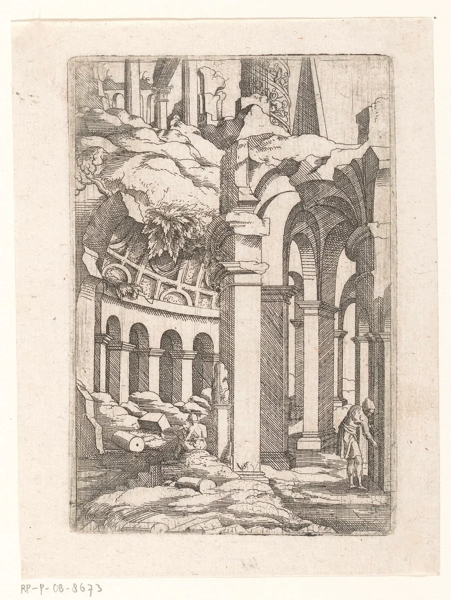 Ruïnes met een tekenaar en een man die maten opneemt by Unknown, print, 1550-1562