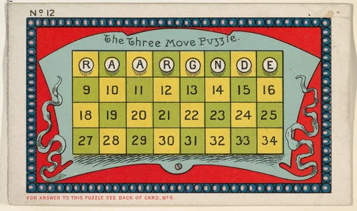 Puzzle Card Number 12, The Three Move Puzzle, from the Jokes series (N118) issued by Duke Sons & Co. to promote Honest Long Cut Tobacco by W. Duke, Sons & Co., print, 1887-1891