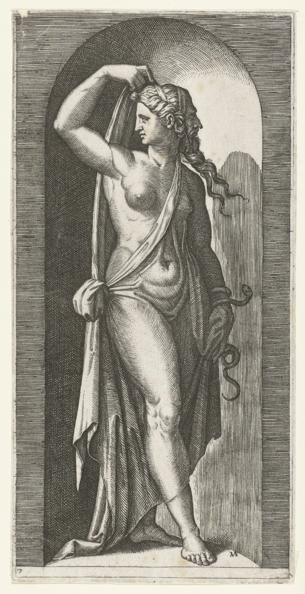 Vrouw als personificatie van Voorzichtigheid (Prudentia) met slang en masker by Unknown, print, 1510-1527