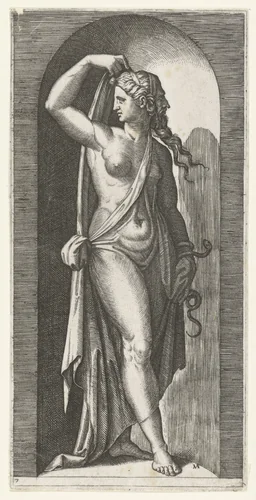 Vrouw als personificatie van Voorzichtigheid (Prudentia) met slang en masker by Unknown, print, 1510-1527