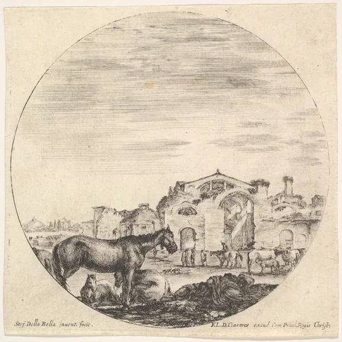 Plate 12: a shepherd sleeping on the ground, the Baths of Diocletian in the background, from "Roman landscapes and ruins" (Paysages et ruines de Rome) by Stefano della Bella, print, 1643-1648