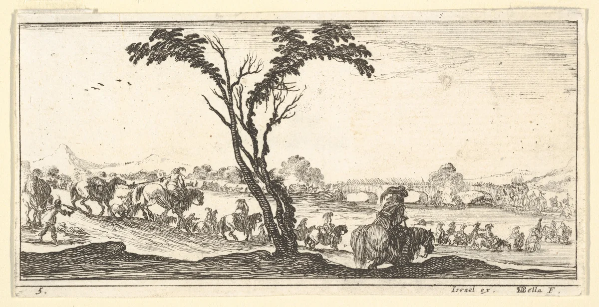 Plate 5: a procession of horsemen crossing a river, a tree at center, from "Troops, cannons, and attacks on towns" (Dessins de quelques conduites de troupes, canons, et ataques de villes) by Stefano della Bella, print, 1635-1645