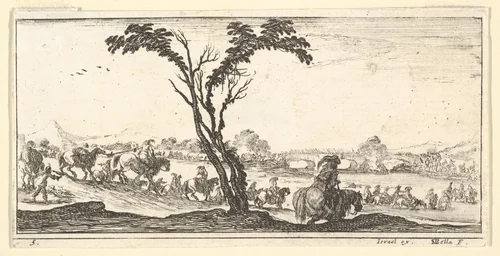 Plate 5: a procession of horsemen crossing a river, a tree at center, from "Troops, cannons, and attacks on towns" (Dessins de quelques conduites de troupes, canons, et ataques de villes) by Stefano della Bella, print, 1635-1645