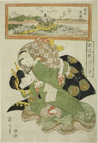 Descending Geese at Katada (Katada rakugan), from the series "Fashionable Eight Views of Omi (Furyu Omi hakkei)" by Kikukawa Eizan, print, 1809-1822