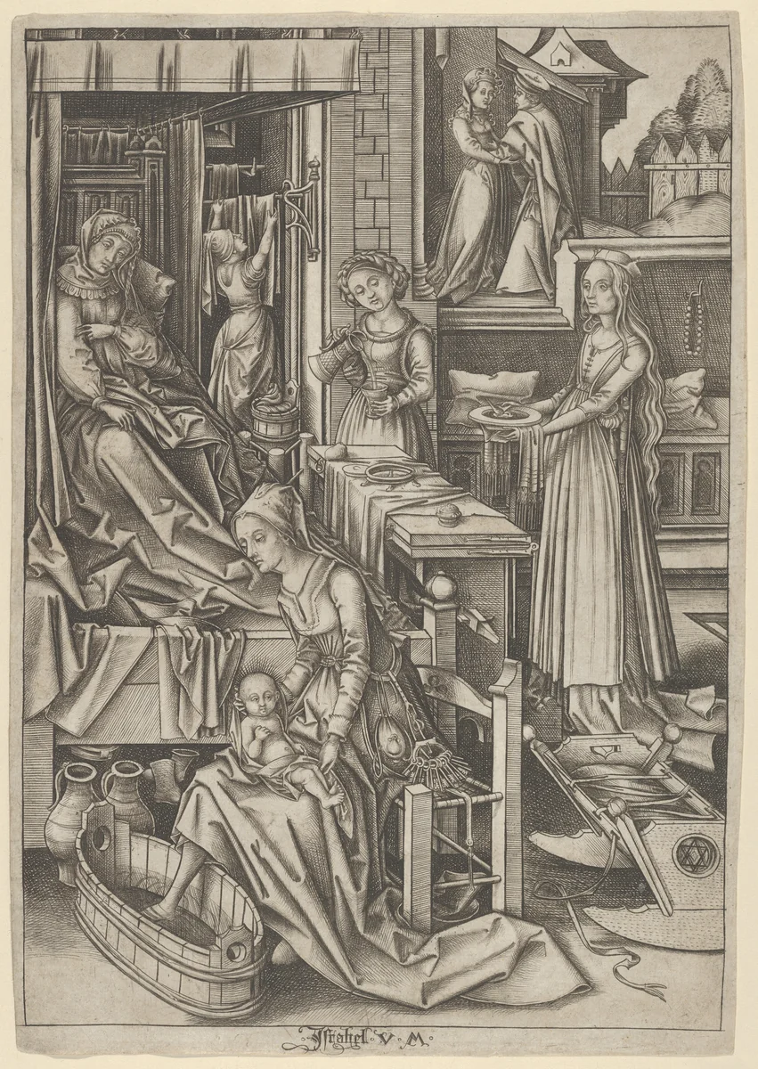 The Birth of Mary, from The Life of the Virgin by Israhel van Meckenem, print, 1435-1503