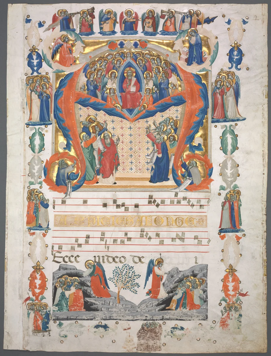 Single Leaf Excised from an Antiphonary: Inital A[spiciens a longe] with Christ in Majesty by Unknown, manuscript, 1330-1350