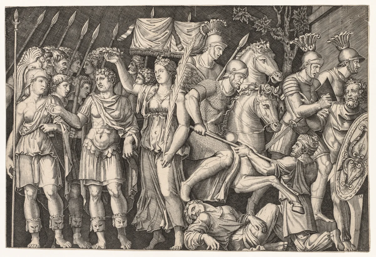 Speculum Romanae Magnificentiae: Trajan Between City of Victory and Rome (The Emperor Trajan) by Unknown, print, 1525-1539