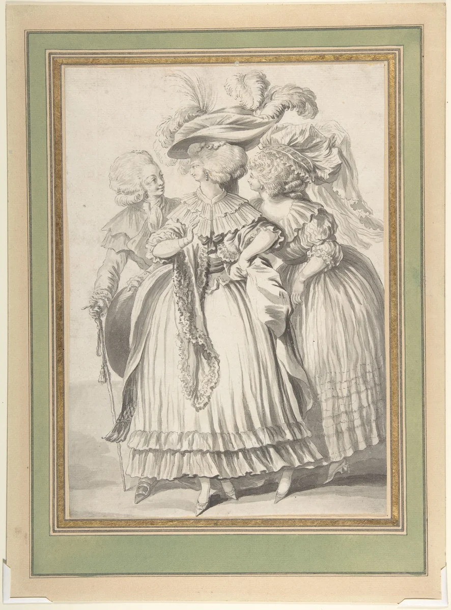 Two Ladies and a Gentleman by Louis Binet, drawing, 1760-1800