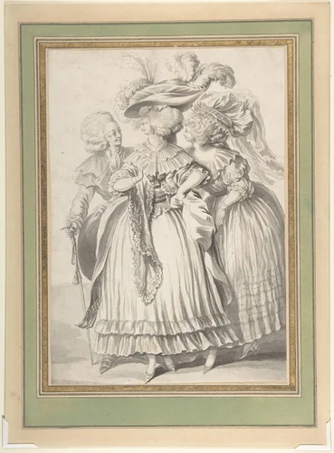 Two Ladies and a Gentleman by Louis Binet, drawing, 1760-1800