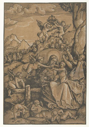Maria met kind met acht engeltjes in een landschap by Unknown, print, 1509-1513