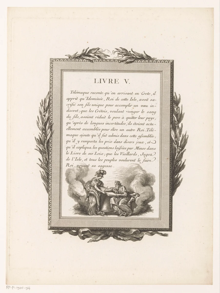 Omkaderde Franse tekst met olijftakken en Athena met een koning by Jean-Baptiste Tilliard, print, 1785