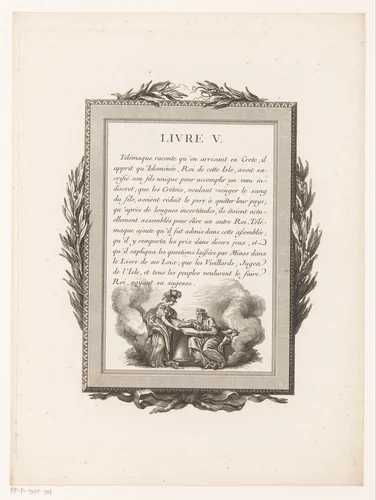 Omkaderde Franse tekst met olijftakken en Athena met een koning by Jean-Baptiste Tilliard, print, 1785