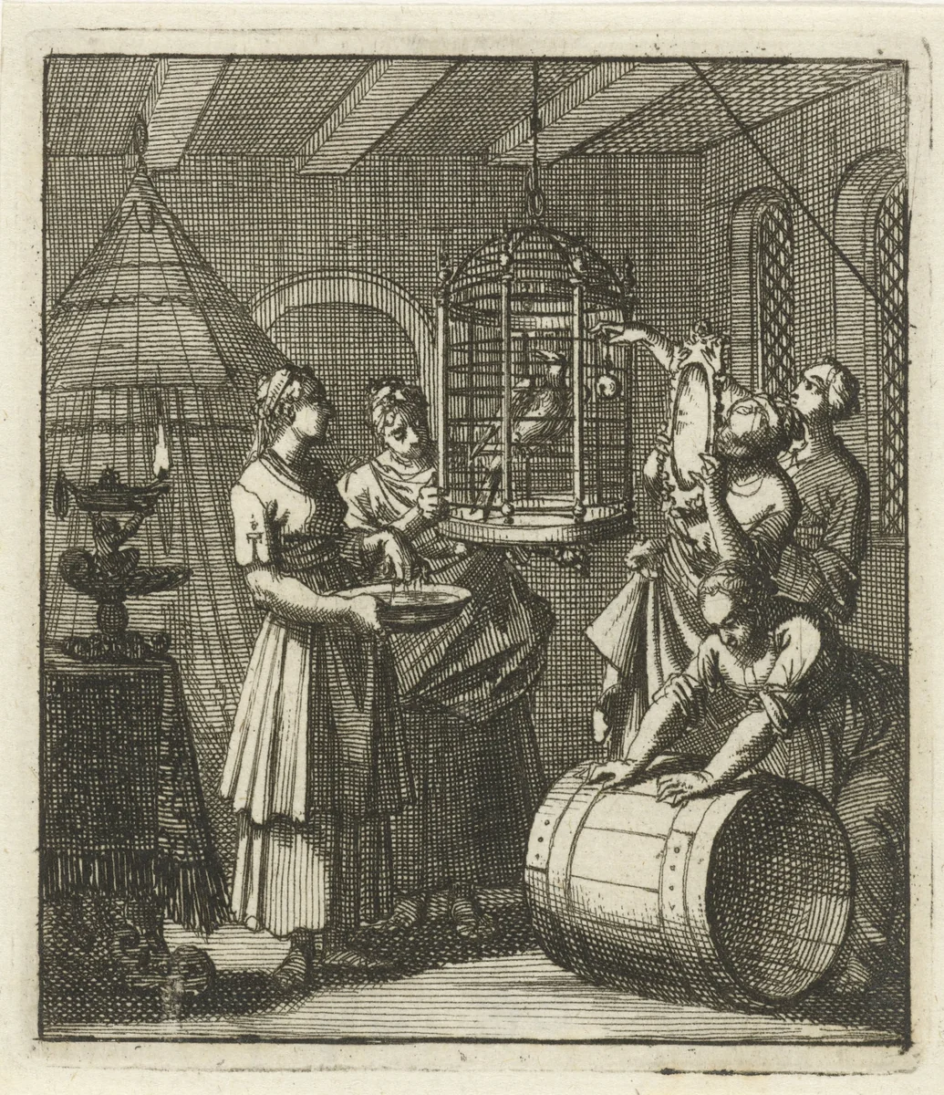 Vijf dienstmaagden bekijken een ekster in een kooi by Jan Luyken, print, 1693
