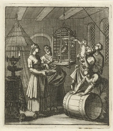 Vijf dienstmaagden bekijken een ekster in een kooi by Jan Luyken, print, 1693