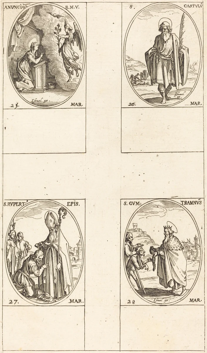 The Annunciation; St. Castulus; St. Rupert; St. Gontran by Jacques Callot, print, 1627-1637