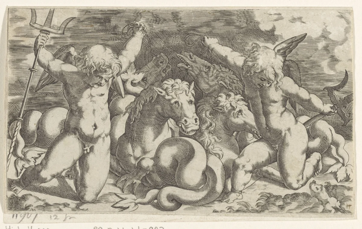 Putti en hippocampussen by Giovanni Andrea Maglioli, print, 1580-1610