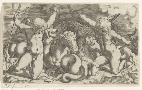 Putti en hippocampussen by Giovanni Andrea Maglioli, print, 1580-1610