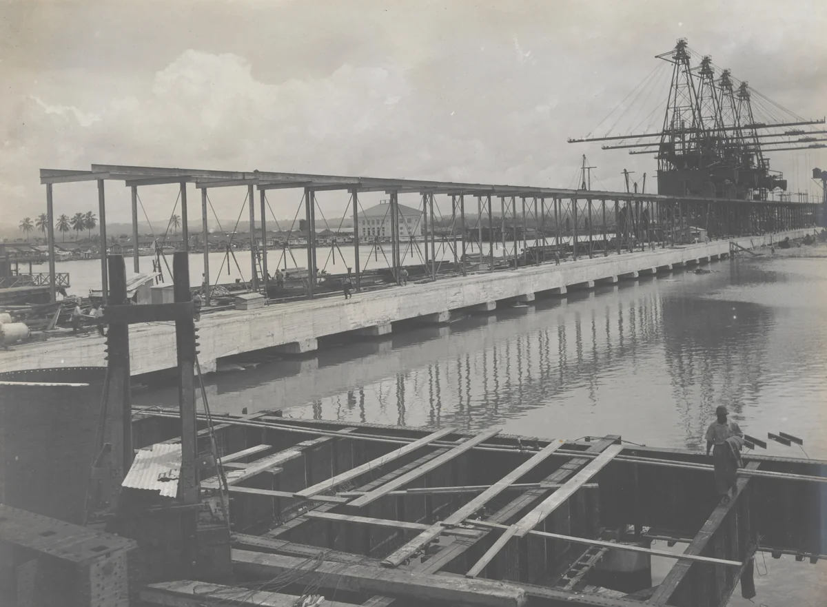 Cristobal Coaling Station: Looking south east on Unloader towers from End wharf by Unidentified Photographer, photograph, 1915