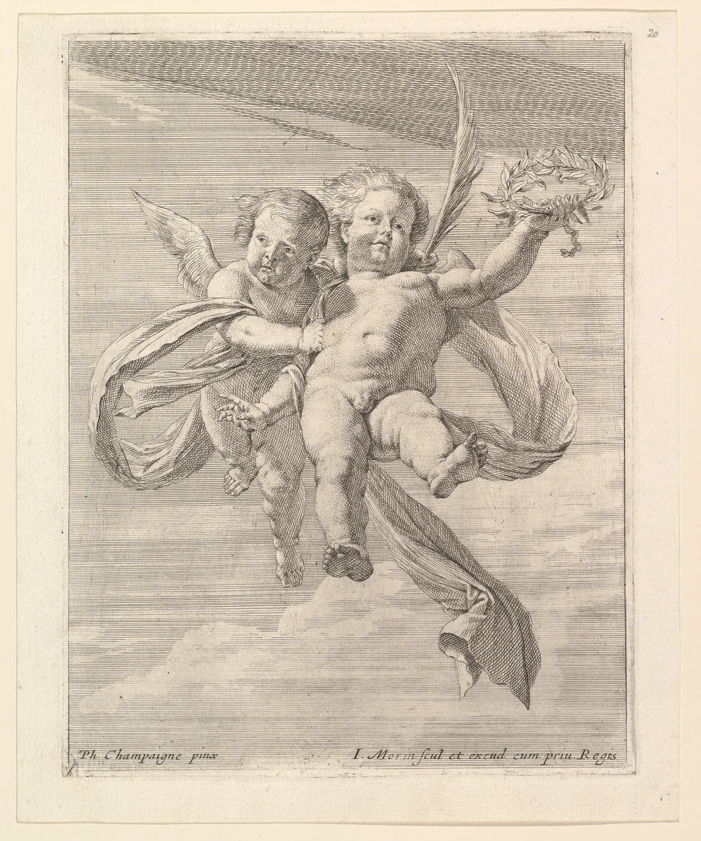 Groupe de deux angelots (l'un regardant de face et l'autre vers la gauche) by Jean Morin, print, 1605-1650