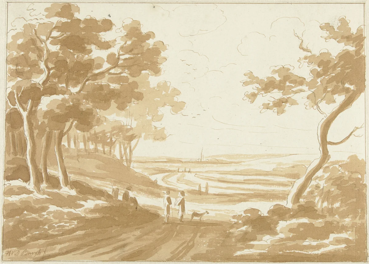 Landschap met een pad waarop mensen lopen by Hendrik van der Burgh, drawing, 1779-1858