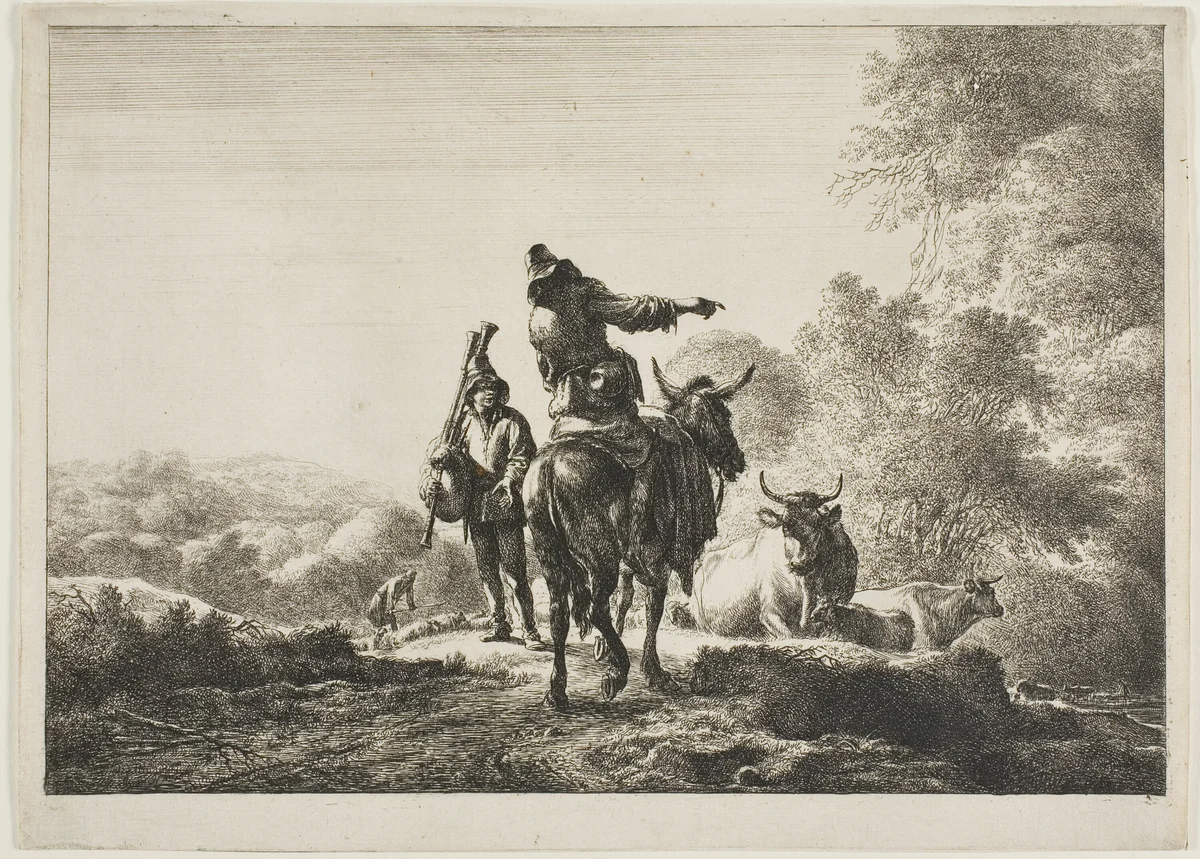 The Bagpipe Player by Nicolaes Berchem, print, 1644-1645
