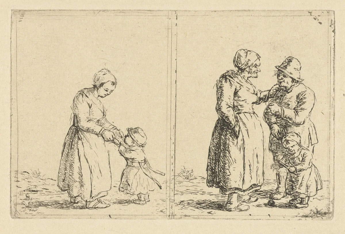 Twee voorstellingen van het gezinsleven by Christina Chalon, print, 1758-1808