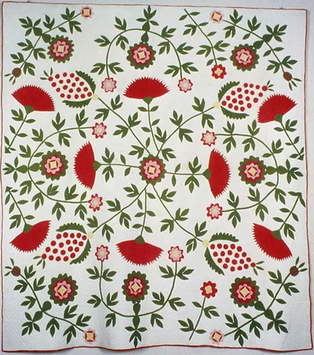 Bedcover (Cockscomb, Rose Tree and Pineapple Quilt) by United States, textile, 1830-1850