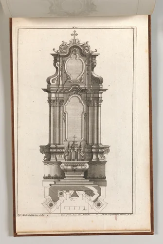 Design for a Monumental Altar, Plate m from 'Unterschiedliche Neu Inventierte Altäre mit darzu gehörigen Profillen u. Grundrißen.' by Johann Michael Leüchte, book, 1745-1755