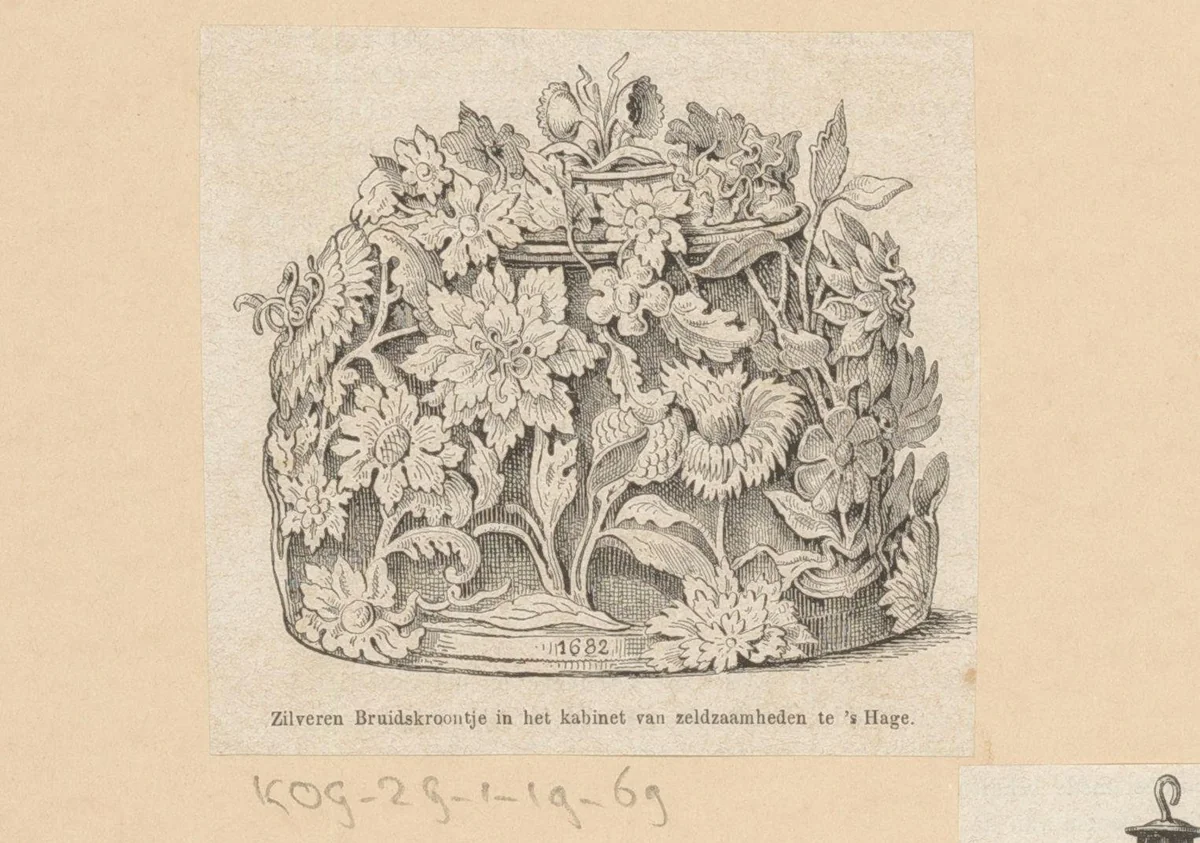 Zilveren Bruidskroontje in het kabinet van zeldzaamheden te 's Hage by anonymous, print, 1850-1899