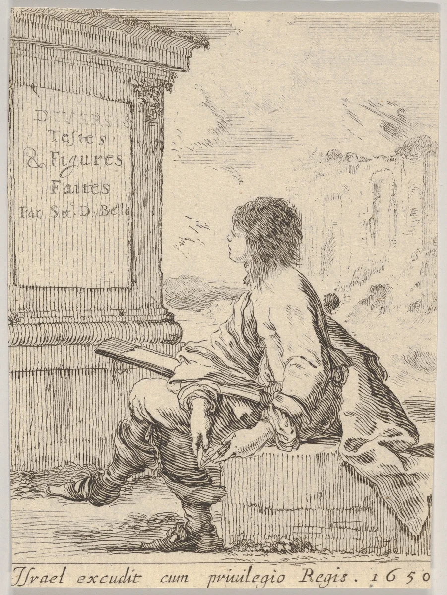 Plate 1: a young man sitting on a stone, facing left in profile, holding a drawing pad in his lap and a pen in his left hand, a pedestal with title to left and ruins to right in the background, title page from "Various heads and figures" (Diverses têtes et figures) by Stefano della Bella, print, 1650