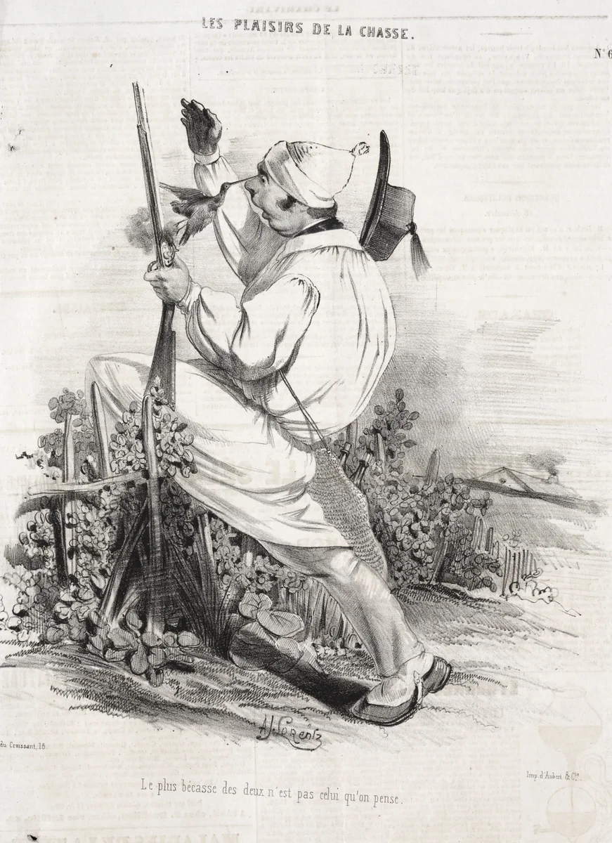 Les Plaisirs de la chasse: Le plus bécasse des deux n'est pas celui qu'on pense by Alade Joseph Lorentz, print, 1842