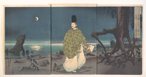 Heian Period Courtier on a Moonlit Beach by Kobayashi Kiyochika, print, 1800-1899