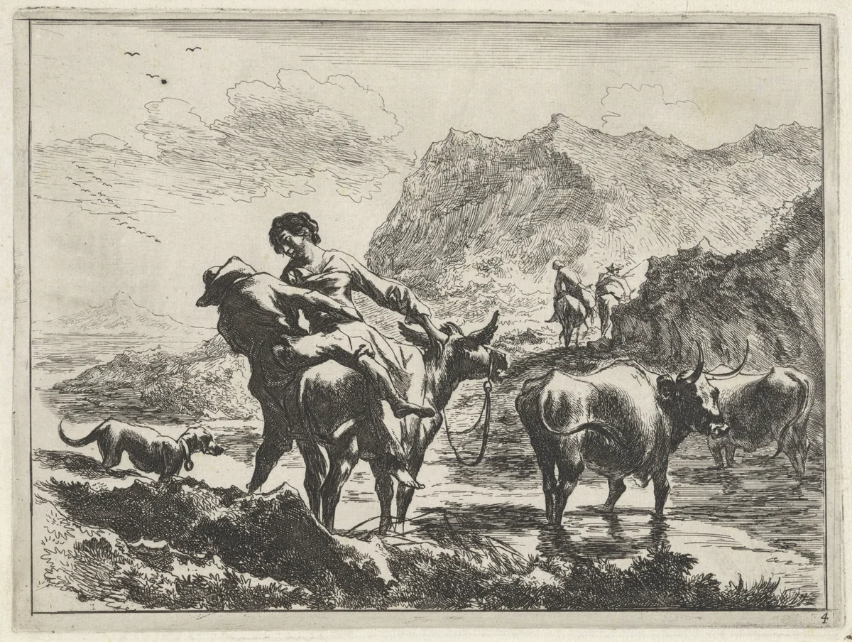Herder en herderin op een ezel bij een voorde by Jan de Visscher, print, 1650-1701