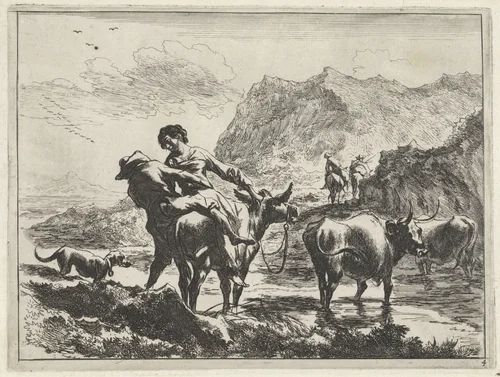 Herder en herderin op een ezel bij een voorde by Jan de Visscher, print, 1650-1701