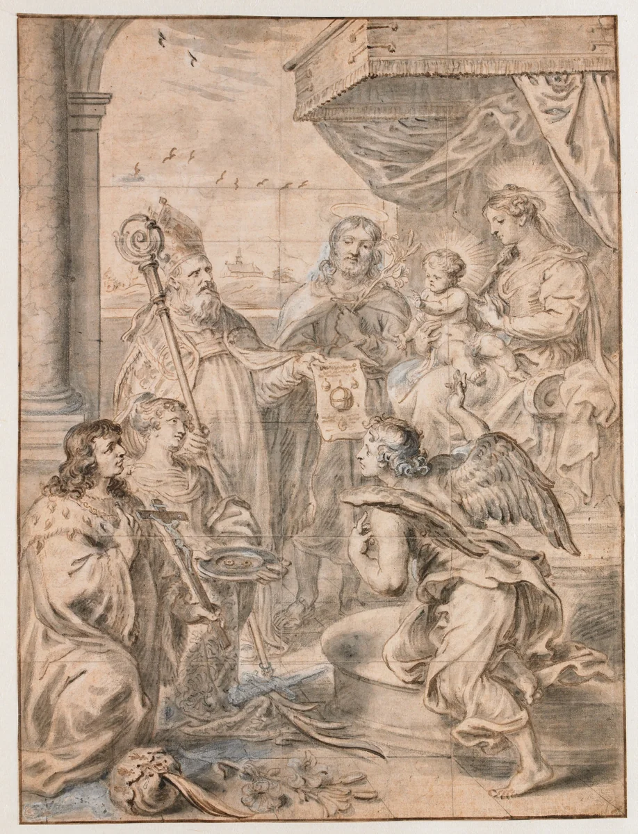 Maria met kind op troon aanbeden door drie heiligen by Abraham van Diepenbeeck, drawing, 1606-1675