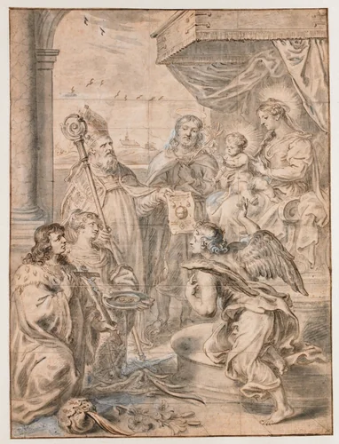 Maria met kind op troon aanbeden door drie heiligen by Abraham van Diepenbeeck, drawing, 1606-1675