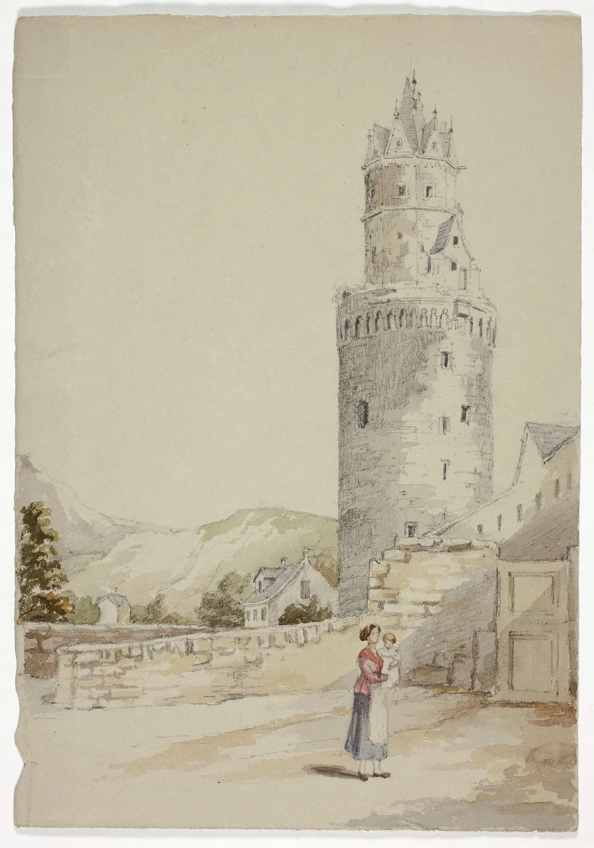 Woman and Child before Walled Town with Tower by Elizabeth Murray, painting, 1825-1882