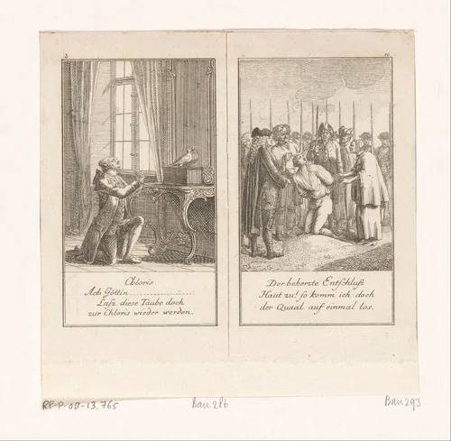 Twee scènes uit Gellert's Fabelen by Daniel Nikolaus Chodowiecki, print, 1776