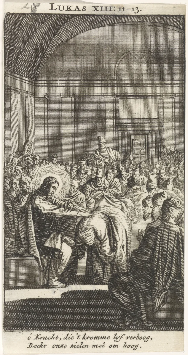 Christus legt zijn hand op de krom getrokken vrouw by anonymous, print, 1712